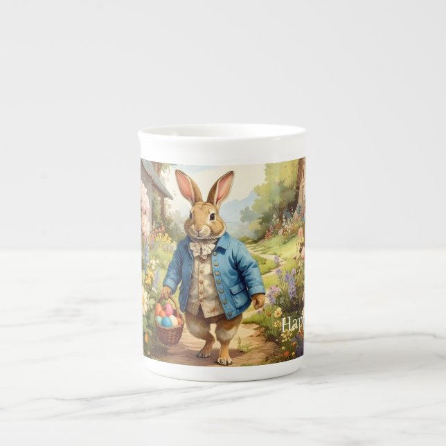 Caneca De Porcelana Coelho da Páscoa Coletando Ovos da Páscoa (Frente)