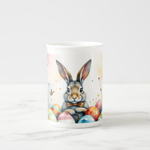 Caneca De Porcelana Coelho de Páscoa Fofo com Ovos Pintados Coloridos