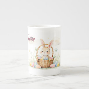 Caneca De Porcelana Coelho de Páscoa Fofo em Cesta com Ovos Coloridos