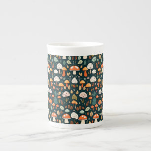Caneca De Porcelana Cogumelos brancos folhas design