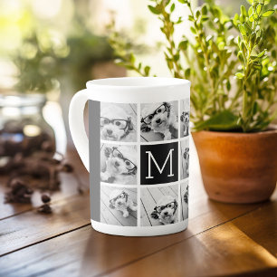 Caneca De Porcelana Colagem de grade de 11 fotos com monograma