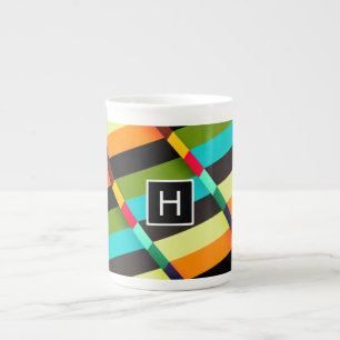 Caneca De Porcelana Colorido Moderno Abstrato Listras e Monograma