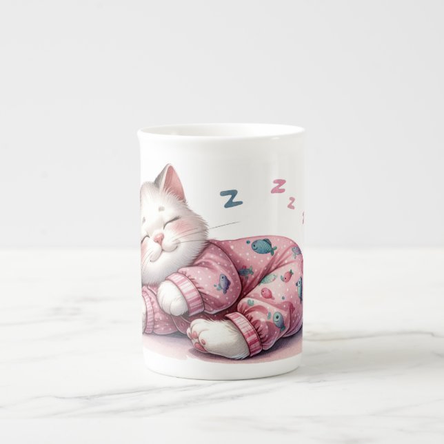 Caneca de Porcelana com Gatinho Dormindo de Pijama (Frente)