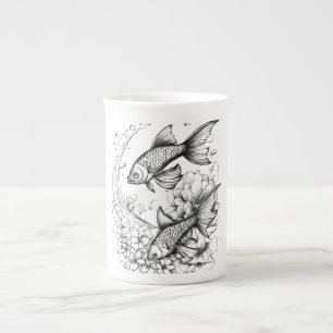 Caneca de porcelana com lago de carpas tranquilo