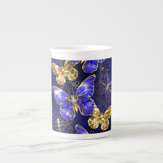 Caneca De Porcelana Composição com borboletas de safira (Frente)