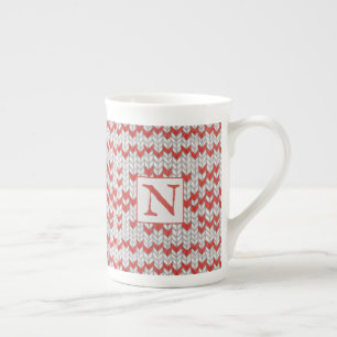 Caneca De Porcelana Copo de porcelana óssea RED NORDIC KNIT + Inicial