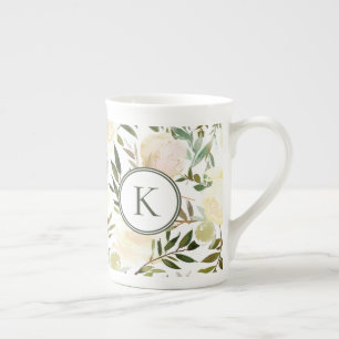 Caneca De Porcelana Cor da água - Romântica Verde Floral e Branco