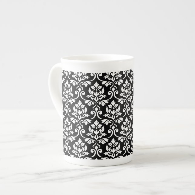 Caneca De Porcelana Cor damasco em branco em preto (Frente Esquerda)