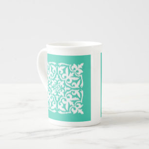 Caneca De Porcelana Cor damasco Ikat - azul-pavão e branco