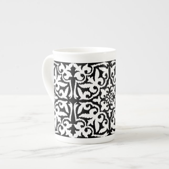 Caneca De Porcelana Cor damasco Ikat - Preto e Branco (Frente Esquerda)