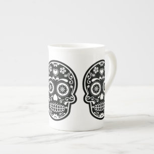 Caneca De Porcelana Coração do Crânio de Açúcar Negro e Branco