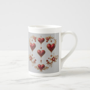 Caneca De Porcelana Corações Vermelhos Elegantes com Detalhes Florais