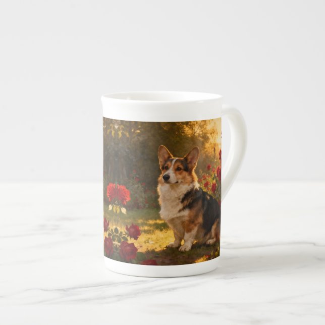 Caneca De Porcelana Corgi nas Rosas I (Frente Esquerda)