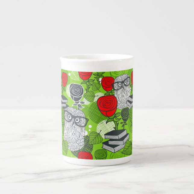 Caneca De Porcelana Coruja nas rosas vermelhas (Frente)