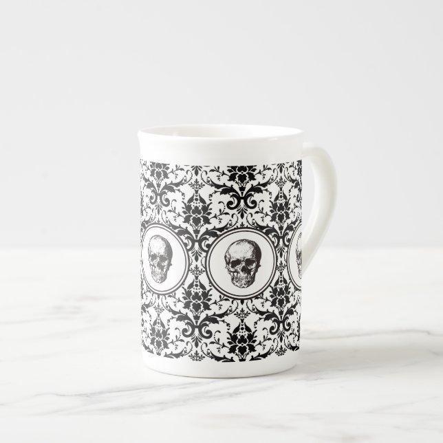 Caneca De Porcelana Crânio Gótico Elegante Preto e Branco (Frente Esquerda)