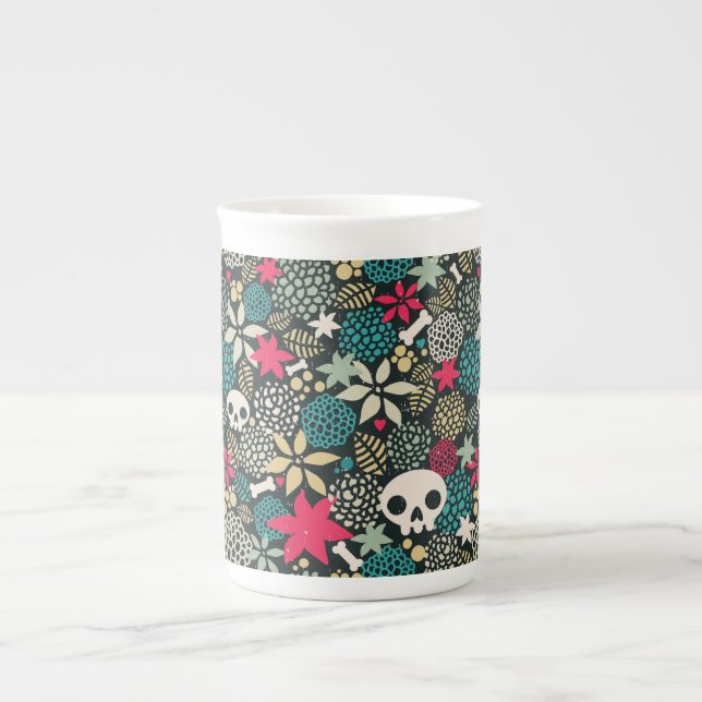 Caneca De Porcelana Crânio nas flores (Frente)