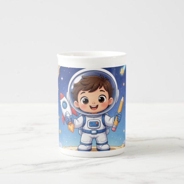 Caneca De Porcelana Criança Astronauta Pronta para Explorar Caderno Es (Frente)