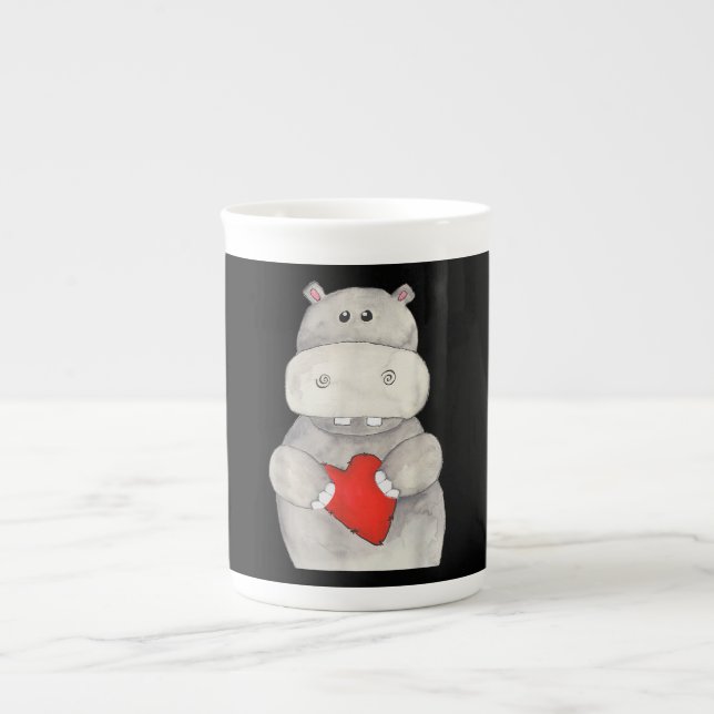 Caneca De Porcelana Cute Hippopotamus Segurando Coração| Love Hippo (Frente)