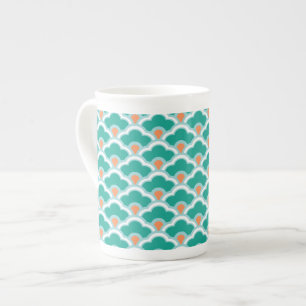Caneca De Porcelana Deco Chinês Scallops, Teal, Aqua e Coral