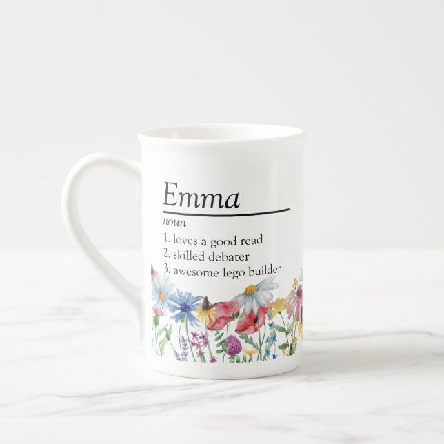 Caneca De Porcelana Definição de Nome com Fronteira de Flor Selvagem R (Esquerda)