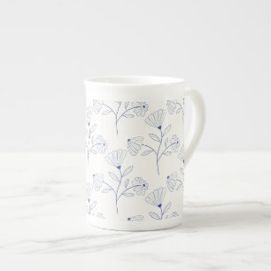 Caneca De Porcelana Desenho de flores azuis delineadas em tinta