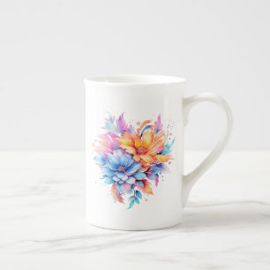 Caneca De Porcelana Desenho de Flores Florais Aquarela-24683