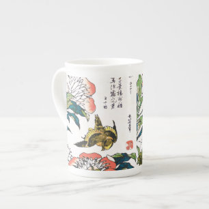 Caneca De Porcelana Desenho, peônias e pardal japoneses do vintage
