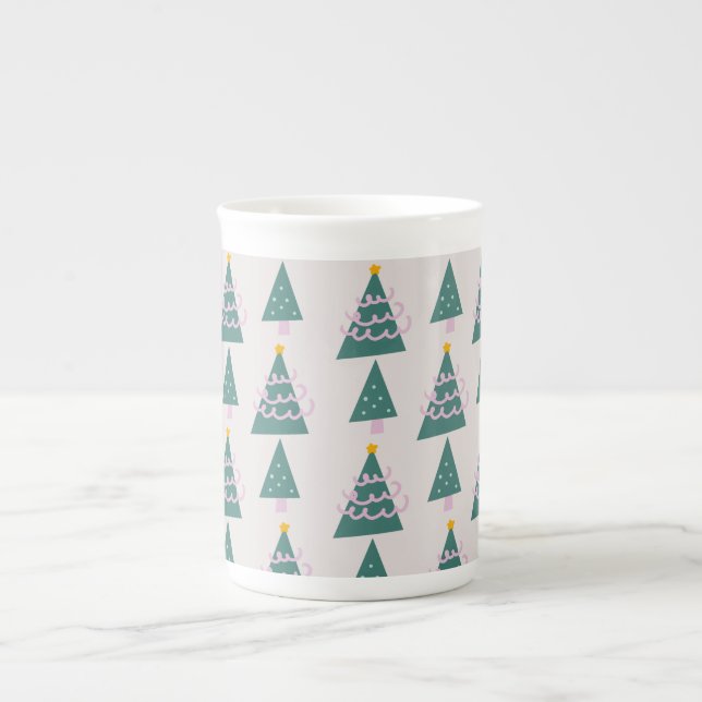 Caneca De Porcelana Desenhos de Árvores Fofas Rosa Verde (Frente)