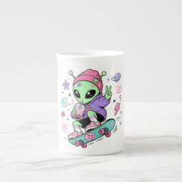 Caneca De Porcelana Design de Bubble Tea com Alien Skater Kawaii