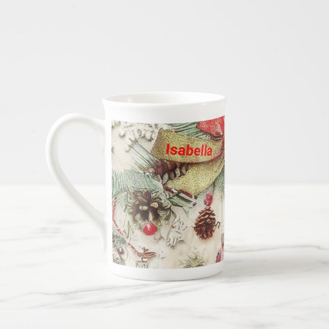 Caneca De Porcelana Design de Fita Pinecone de Natal com Verso (Esquerda)