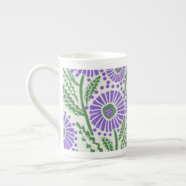 Caneca De Porcelana Design Floral Branco, Verde, Lavanda De Bloco (Esquerda)