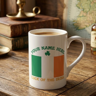 Caneca De Porcelana Dia de São Patrício Bandeira da Irlanda Nome Perso