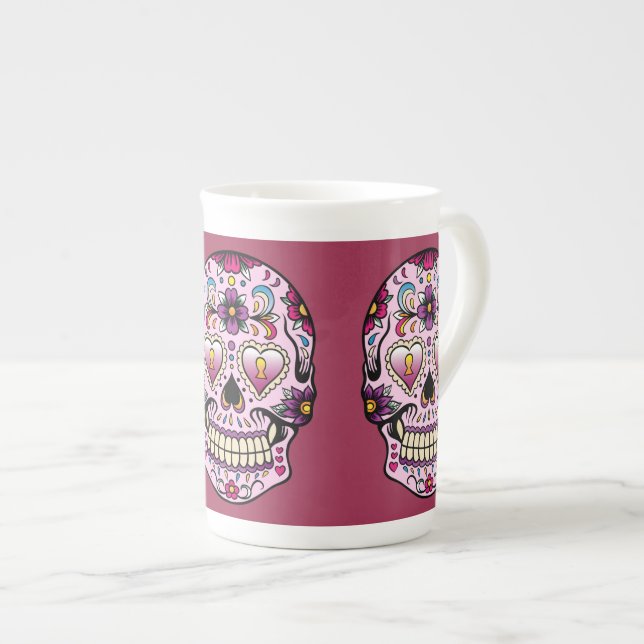 Caneca De Porcelana Dia do Crânio do Açúcar Morto Rosa (Frente Esquerda)