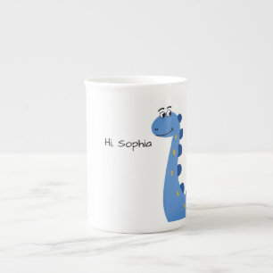 Caneca De Porcelana Dinossauro Azul Fofo - Nome Personalizado Sophia