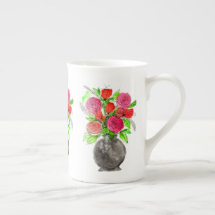 Caneca De Porcelana Dobra de Tinta Retirada à Mão Rosa e Vermelha Aq