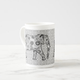 Caneca De Porcelana Elefante de espiral fractal - cinzas, preto e bran