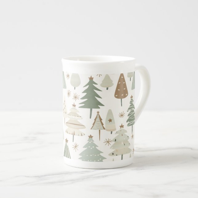 Caneca De Porcelana Elegante Saga verde Árvores de Natal (Frente Esquerda)