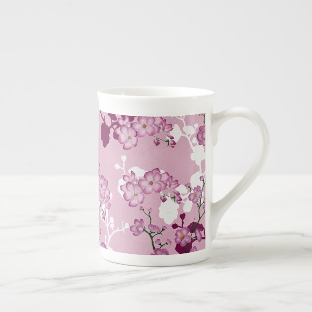 Caneca De Porcelana Elegante Sakura Pink Burgundy White Cherry Blossom (Direita)
