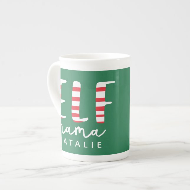 Caneca De Porcelana Elf mama festivo vermelho, verde e branco Natal (Frente Esquerda)