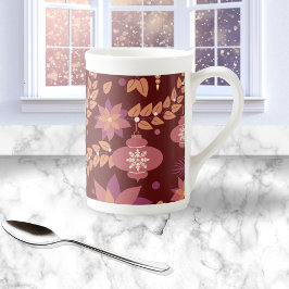 Caneca De Porcelana Enfeites de natal rosa e vermelho