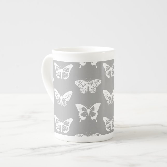 Caneca De Porcelana Esboço da borboleta, cinza de prata e branco (Frente Esquerda)