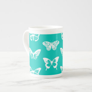 Caneca De Porcelana Esboço da borboleta, turquesa e branco