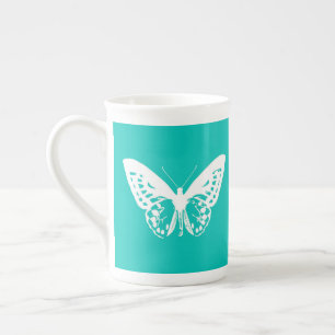 Caneca De Porcelana Esboço da borboleta, turquesa e branco