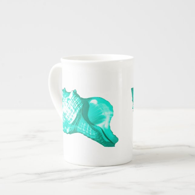 Caneca De Porcelana Esboço da concha - taruga, branca e aqua (Frente Esquerda)