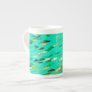 Caneca De Porcelana Escola de Peixes, Aqua, Verde e Dourada