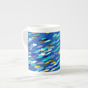 Caneca De Porcelana Escola de Peixes, Azul Escuro, Branco e Turquesa