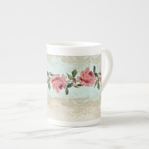 Caneca De Porcelana Estilo Barroco Vintage Rosa Aqua em Cream Lace