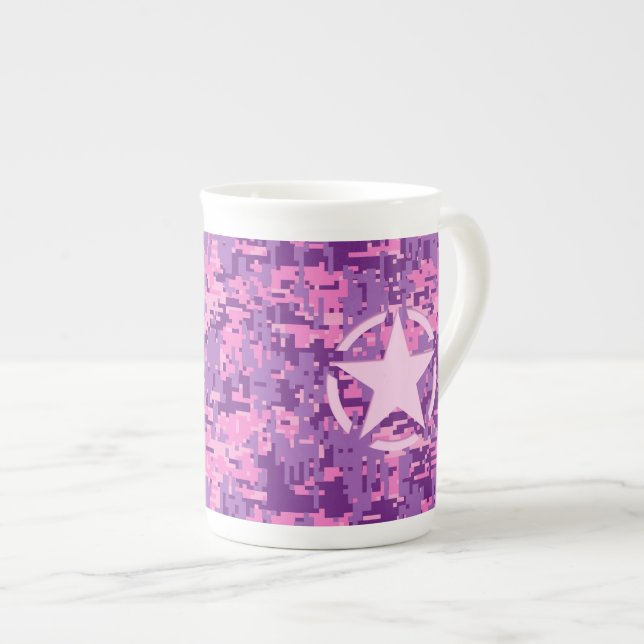 Caneca De Porcelana Estilo de Camo Digital - Estrela Rosa Deco (Frente Esquerda)