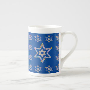 Caneca De Porcelana Estrelas judaicas flóricas no campo azul escuro