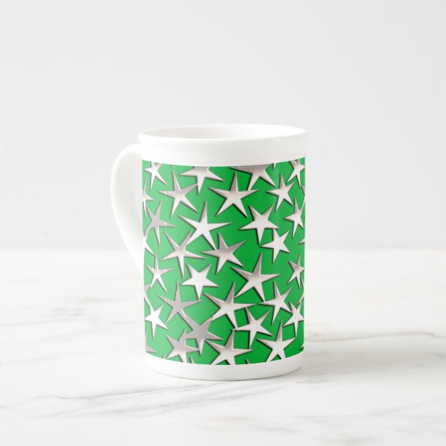 Caneca De Porcelana Estrelas prateadas em verde esmeralda (Frente Esquerda)